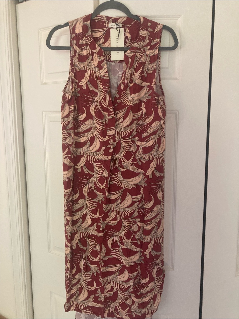 V-Neck Sleeveless Midi Dress in Red with Cream Leaf Print